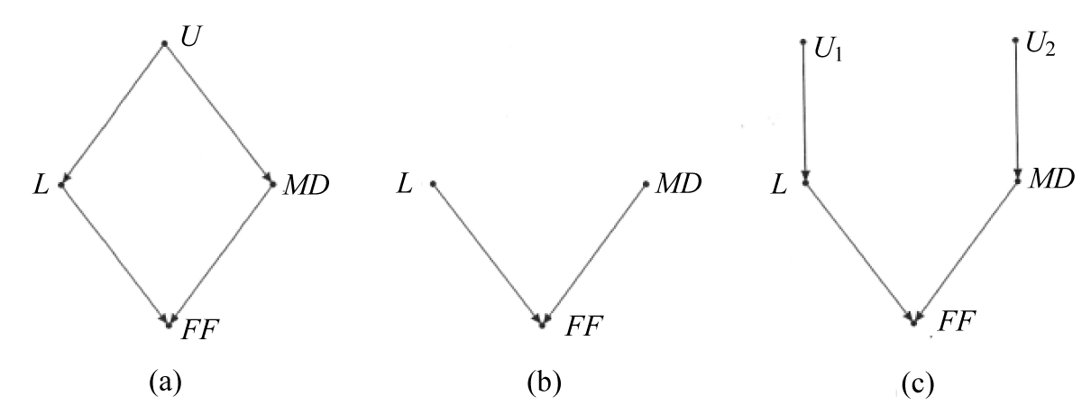 A causal network can be presented as a graphical model by nodes and directed casual edges in several ways. Figure (a) shows all the causality exogenous influences as one (U), endogenous values (L and MD), and impact (FF) variable; (b) does not show the exogenous variables, and (c) shows a case where the basis models’ endogenous variables have different exogenous dependencies [9].