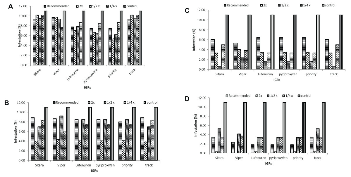 Impact of different concentrations of insect growth regulators (IGRs) on maize stem borer infestation across time intervals. (A) Sitara® concentrations reduced maize stem borer infestation by 0.33% to 9.26% over time. (B) Viper® exhibited fluctuating infestation levels, with reductions between 0.33% and 9.26%. (C) Lufenuron® visually showed reductions from 0.33% to 9.26% across concentrations and time intervals. (D) Pyriproxyfen®, Priority®, and Track® treatments displayed infestation variations from 2.3% to 9%.