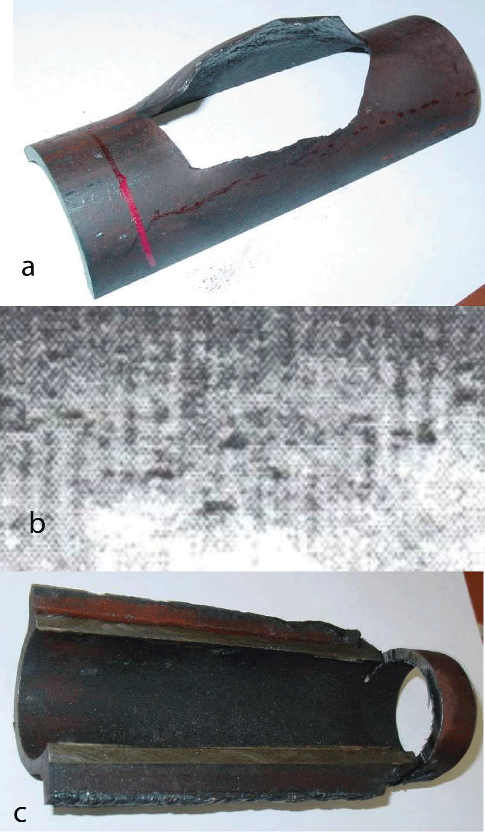 Photograph of a damaged tube. Here, a) Fire half of the tube; b) Internal surface of the fire half of the tube; c) Internal surface of the back half of the tube.